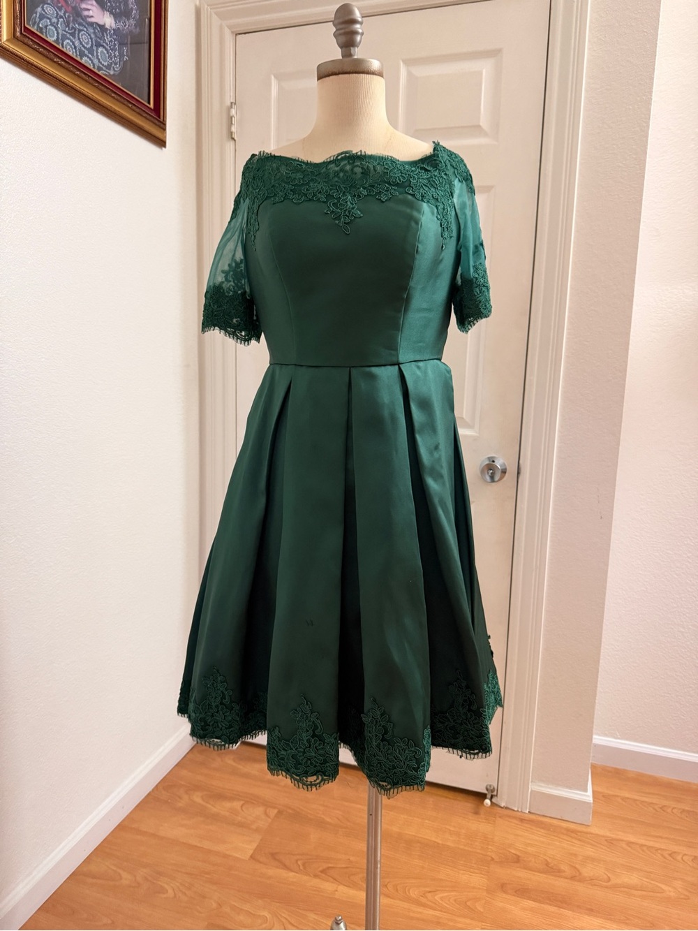 Emerald Green Lace-Trim Fit & Flare Dress
